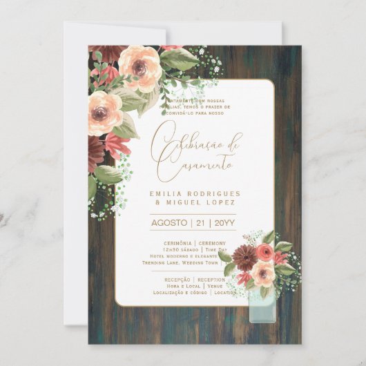 Invitation Portugeuse | Casamento Flores Folclóricas Rústica (Devant)