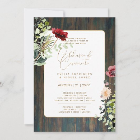 Invitation Portugeuse | Casamento Flores Folclóricas Rústica (Devant)
