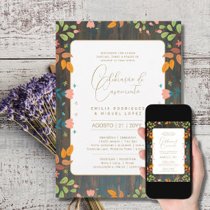 Invitation Portugeuse Casamento Flores Folclóricas Rústica