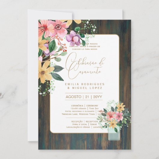 Invitation Portugeuse | Casamento Flores Folclóricas Rústica (Devant)