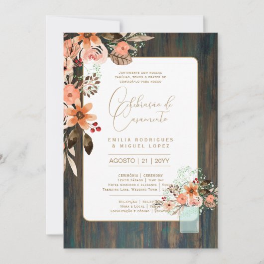 Invitation Portugeuse | Casamento Flores Folclóricas Rústica (Devant)