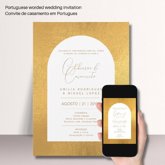 Invitation Portugeuse | Casamento Folha de Ouro Falsa Invita