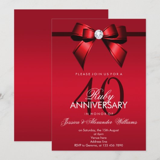 Invitation Posh Gem Bow & Ruban 40e Anniversaire de Mariage (Devant / Derrière)
