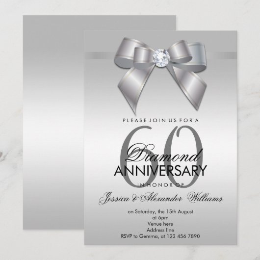 Invitation Posh Gem Bow & Ruban 60e Anniversaire de Mariage (Devant / Derrière)