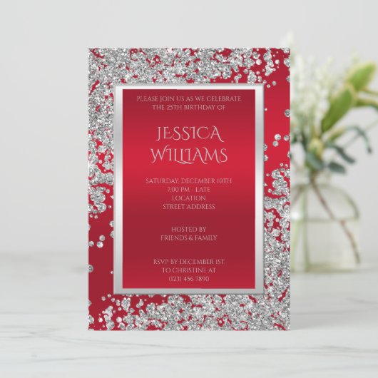 Invitation Posh Glitzy Diamonds & Ruby Red Anniversaire (Debout devant)