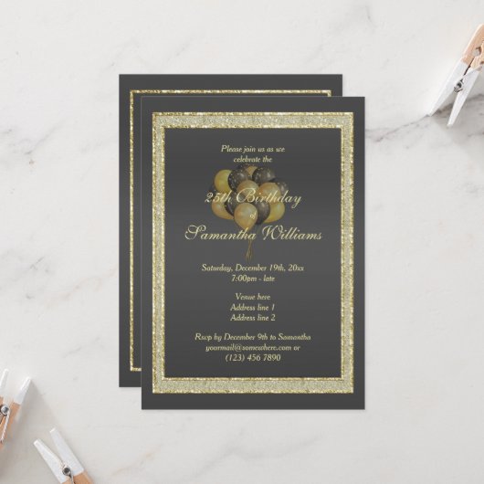 Invitation Posh Gold & Black, Parties scintillant & Ballons A (Devant/Arrière en situation)