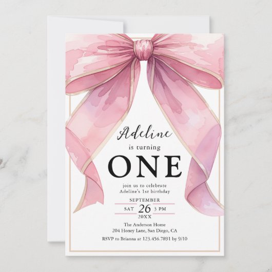 Invitation Posh Pink Coquette Bow 1er anniversaire (Devant)