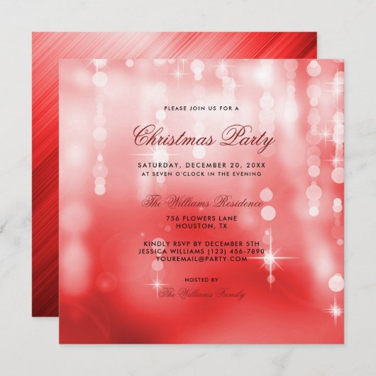 Invitation Posh Red Lights Bokeh Noël (Devant / Derrière)