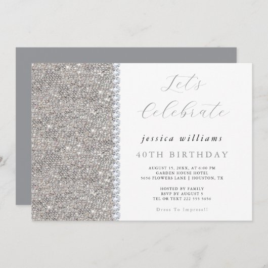Invitation Posh Sequins & Diamants Argent Anniversaire (Devant / Derrière)