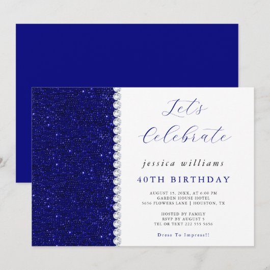 Invitation Posh Sequins & Diamants Fête d'anniversaire Navy (Devant / Derrière)
