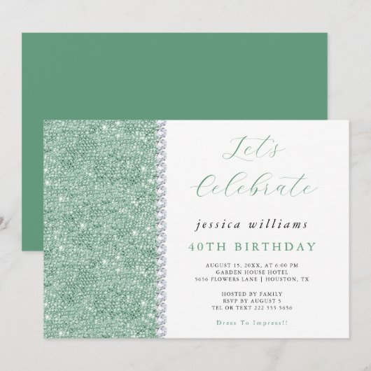 Invitation Posh Sequins & Diamants Vert Menthe Anniversaire (Devant / Derrière)