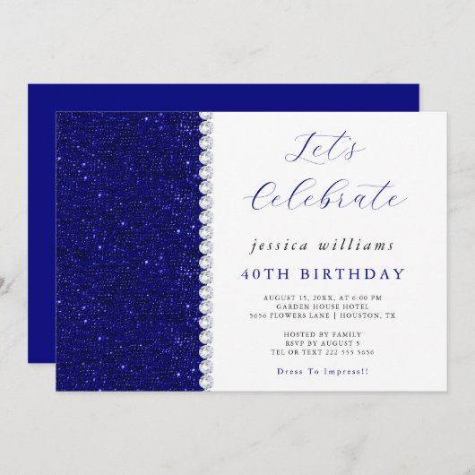 Invitation Posh Sequins & Diamonds Marine Anniversaire (Devant / Derrière)