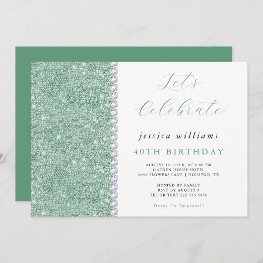 Invitation Posh Sequins & Diamonds Mint Vert Anniversaire (Devant / Derrière)