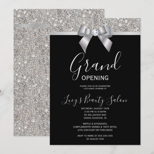 Invitation Posh Silver & Black Jewel Bow Grand Ouverture (Devant / Derrière)