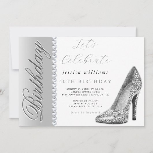 Invitation Posh Stiletto & Diamonds Argent Anniversaire (Devant)