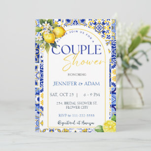 Invitation Positano Carreaux Bleus Citron Couple Douche