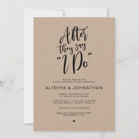 Invitation Post Mariage Brunch, Kraft Brown, Script noir (Devant)