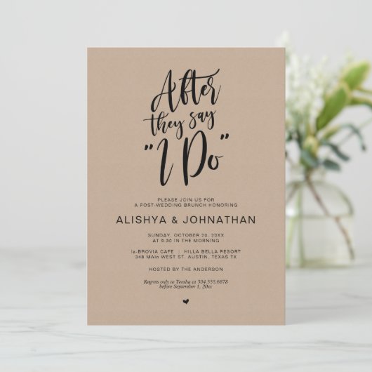 Invitation Post Mariage Brunch, Kraft Brown, Script noir (Debout devant)