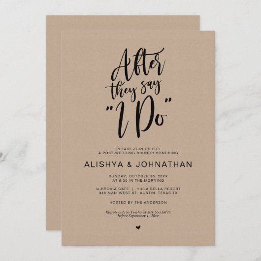 Invitation Post Mariage Brunch, Kraft Brown, Script noir (Devant / Derrière)