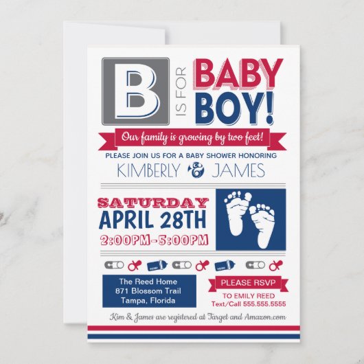 Invitation Poster de bébé pieds style garçon douche Invitatio (Devant)