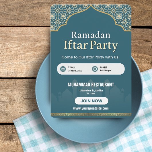 Invitation Poster d'invitation en bleu, blanc et or Ramadan I