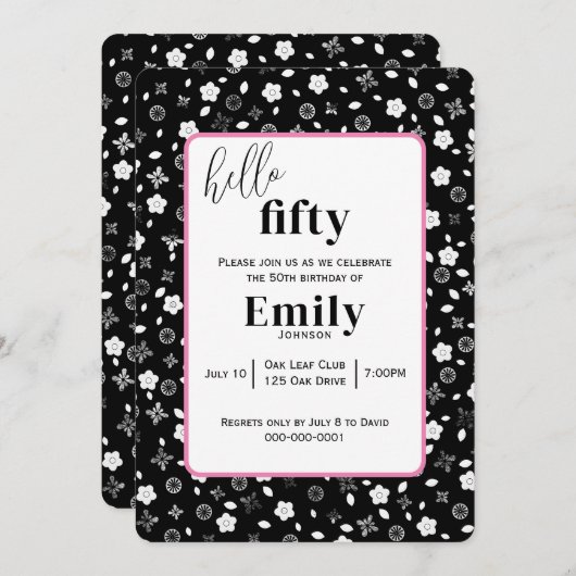 Invitation Posy noir et blanc pour 50e fête d'anniversaire (Devant / Derrière)