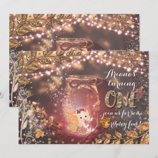 Invitation Pot de fée enchanté avec paillettes et feuilles d' (Devant / Derrière)