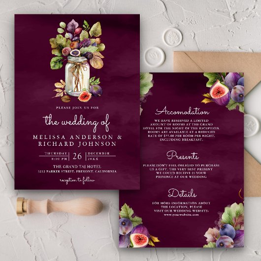 Invitation Pot de figue violet prune tout-en-un mariage Mason
