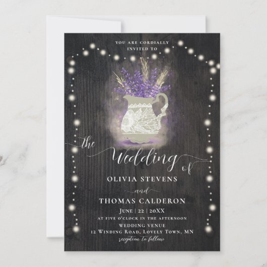 Invitation Pot de fleurs de lavande rustique dentelle de bois (Devant)