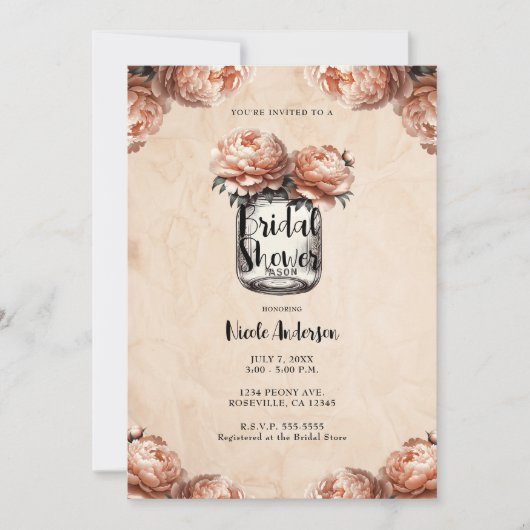 Invitation Pot de fleurs Mason aux Pêches et Paeonies pour un (Devant)
