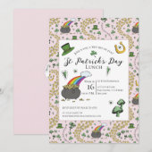 Invitation Pot de Jour de la Saint Patrick rose et vert d'or (Devant / Derrière)