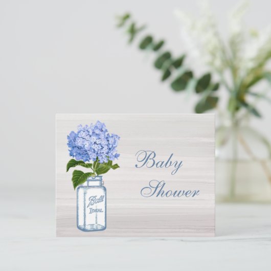 Invitation Pot de maçon chic et baby shower bleu d'hortensia (Debout devant)