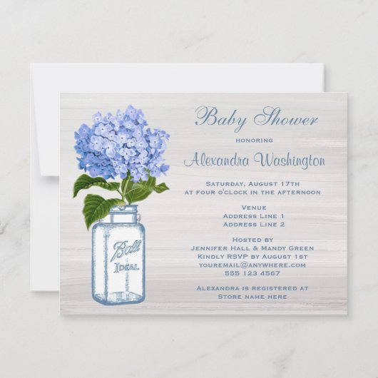 Invitation Pot de maçon chic et baby shower bleu d'hortensia (Dos)