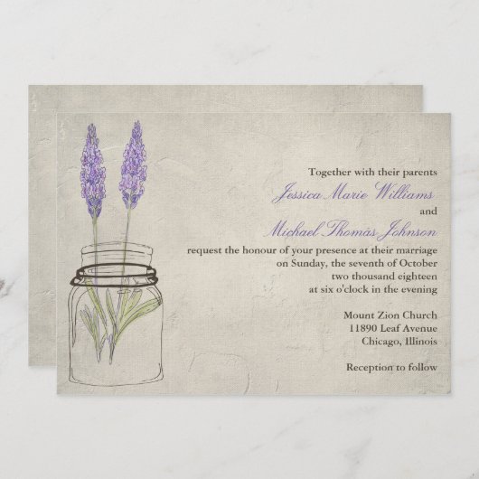 Invitation Pot de maçon rustique de lavande | épousant (Devant / Derrière)