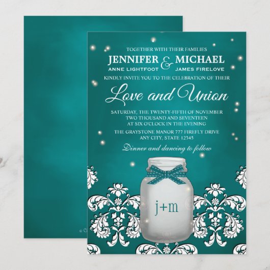 Invitation Pot de maçon turquoise avec épouser de lucioles (Devant / Derrière)