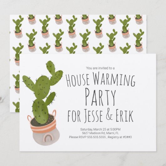 Invitation Pot de plante de cactus dessinée à la main pour pe (Devant / Derrière)