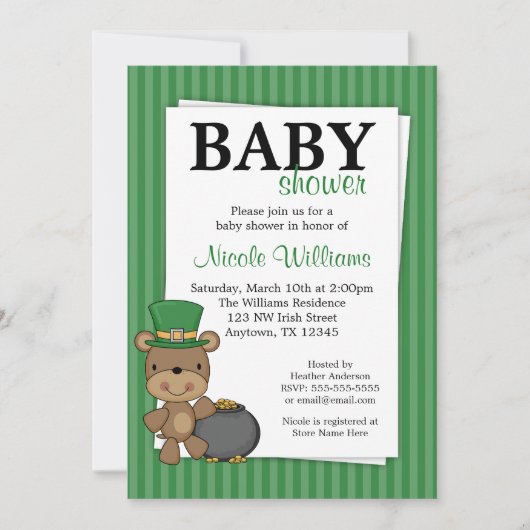 Invitation Pot d'ours du jour de St Patrick de baby shower (Devant)