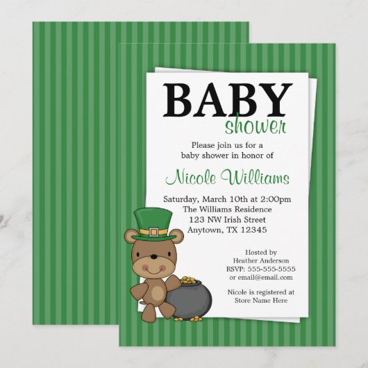 Invitation Pot d'ours du jour de St Patrick de baby shower (Devant / Derrière)