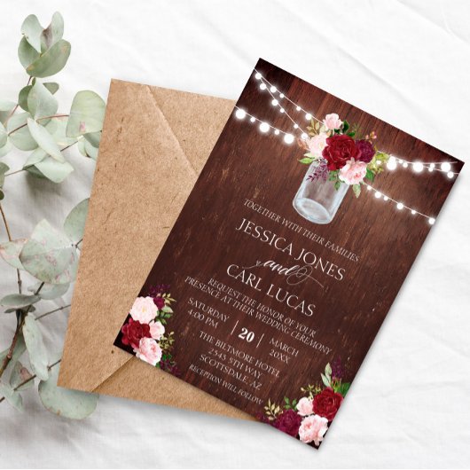 Invitation Pot en verre rose blush de Bourgogne Bois rustique