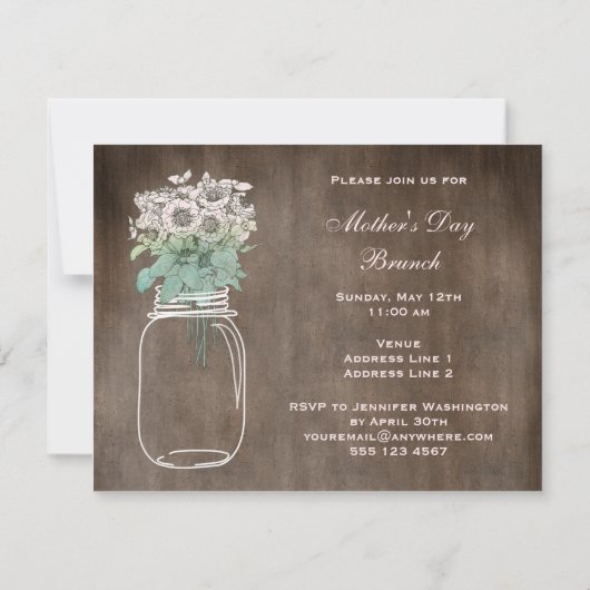 Invitation Pot et fleurs de maçon rustiques de brunch du jour (Dos)