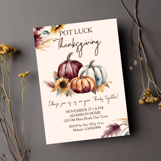 Invitation Pot Luck Thanksgiving boho citrouille tournesols