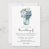 Invitation Pot Mason à code QR de mariage Pivoine Bleu et Bla (Devant)