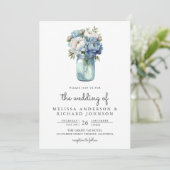 Invitation Pot Mason à code QR de mariage Pivoine Bleu et Bla (Debout devant)
