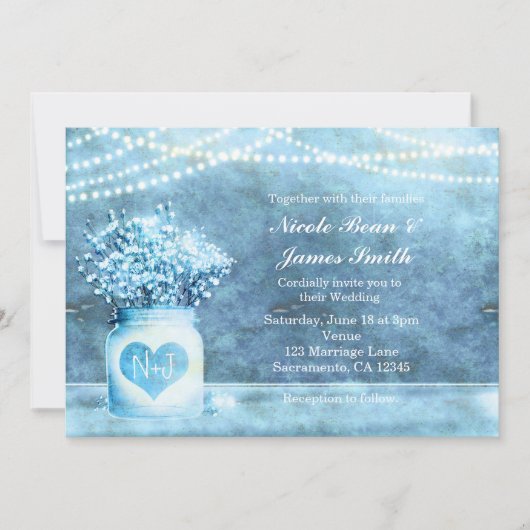 Invitation Pot Mason à coeur bleu & Baby's Breath (Devant)