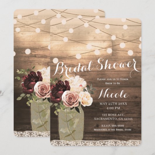 Invitation Pot Mason Floral et Lumières Rustique Mariage Camp (Devant / Derrière)