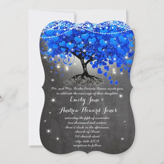 Invitation Pot Mason Jar Arbre Feuille Cœur Bleu Royal Tablea (Devant)