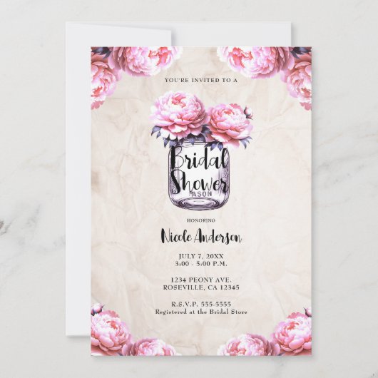 Invitation Pot Mason Jar Fleur de Pivoine Rose Mariage Champê (Devant)