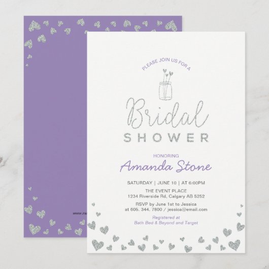 Invitation Pot Mason, Pailleté Argent & Fête de Mariage Viole (Devant / Derrière)
