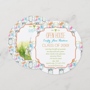 Invitation Pot Mason Photo Corail Rose Aqua Floral Diplôme