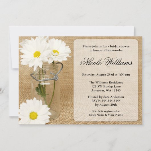 Invitation Pot Masonné Toile de Jute Fleurs de Marguerites Bl (Devant)